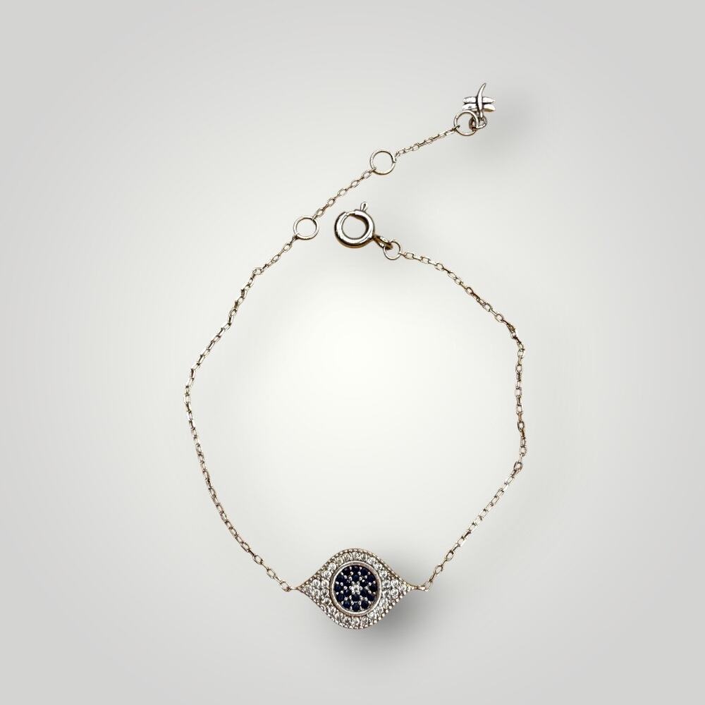 925 Sterling Silver Blue & Clear CZ Evil Eye Bracelet Adjustable 6-7 Inches